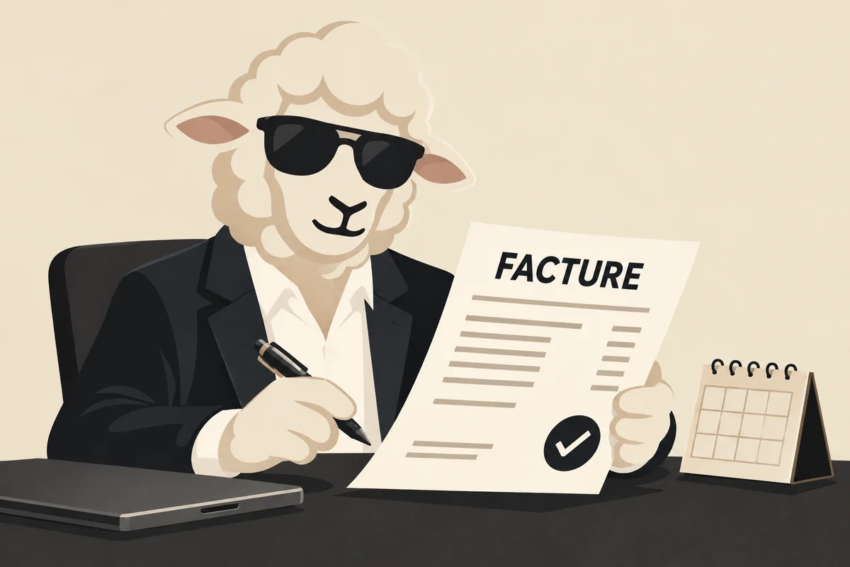 La mascotte mouton UPFLO vérifie une facture à son bureau, avec un calendrier pour suivre les échéances.