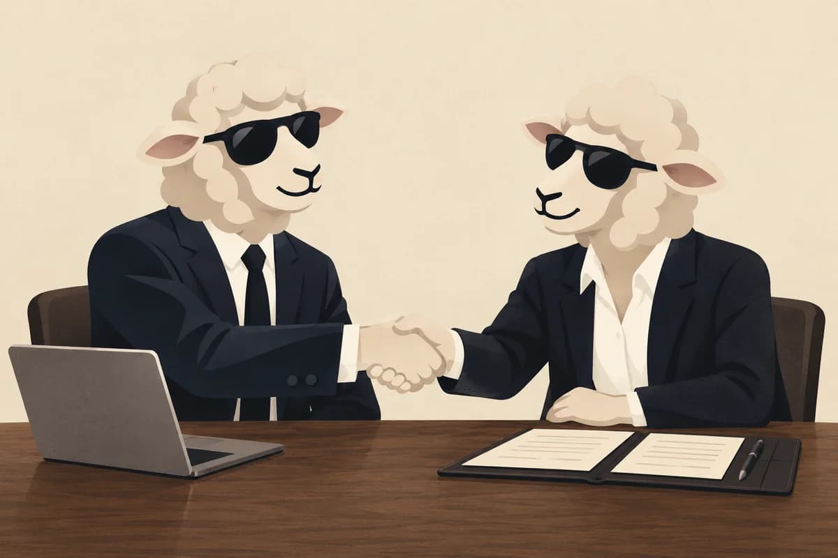 Deux mascottes moutons UPFLO en tenue professionnelle échangent une poignée de main autour d’un dossier commercial.